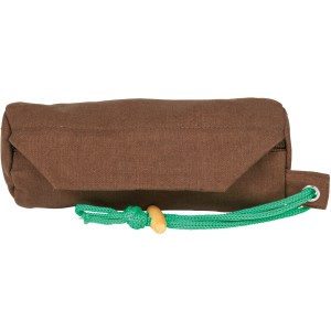 Brauner Jollypaw Futterdummy (7x18cm) für Hunde, mit grüner Kordel und Zugstopper.