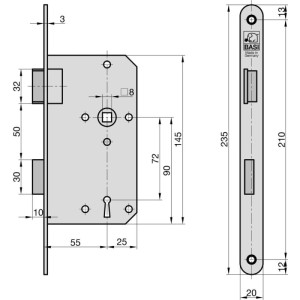 Technisches Diagramm des Basi Einsteck Zimmertürschlosses ES 922 mit Buntbart-Lochung und abgerundetem Stulp, inkl. Maße.