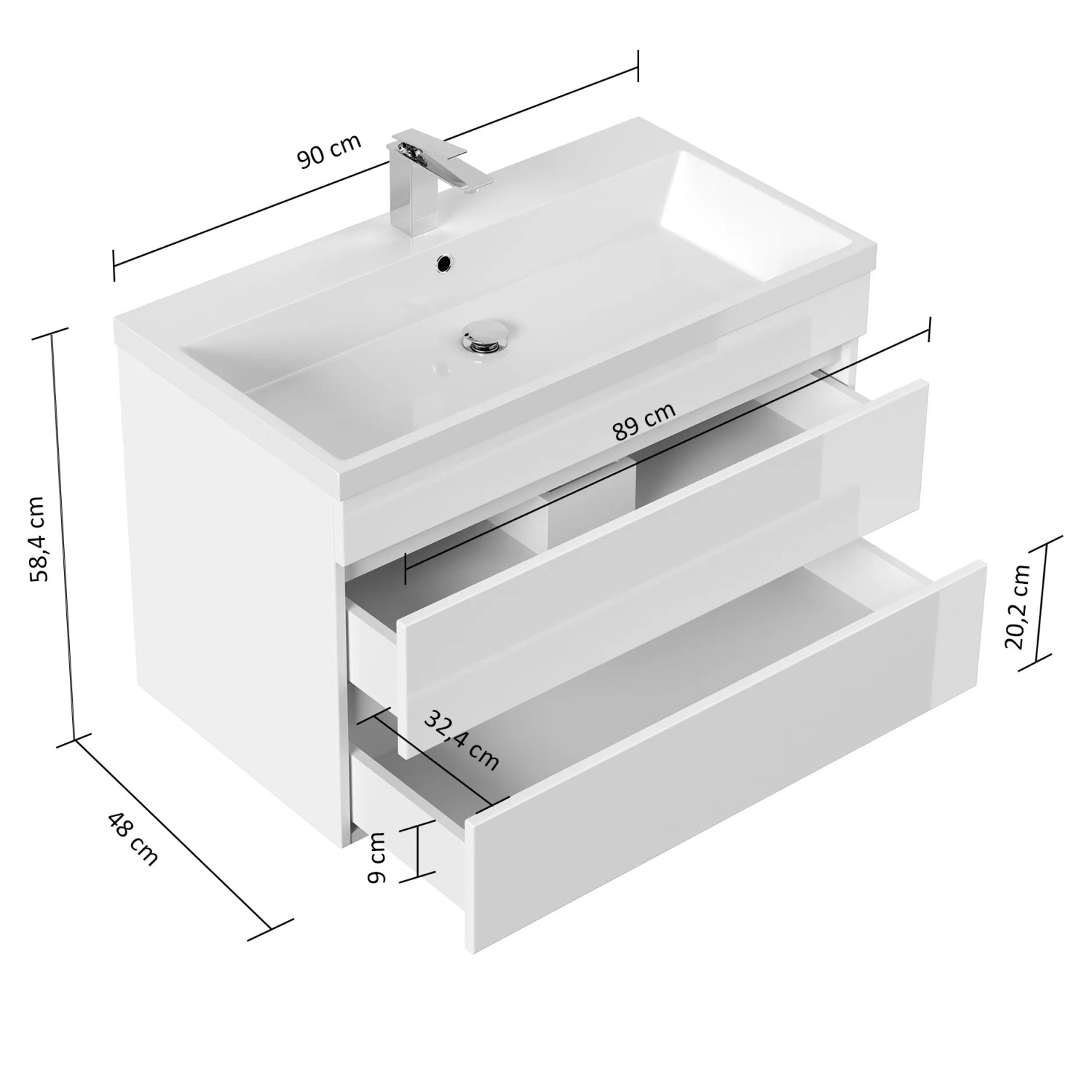 Posseik Badmöbel Felini 90 in Grafit mit grifflosen Schubladen und Mineralgusswaschbecken.