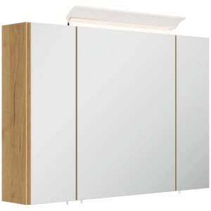 Posseik Spiegelschrank 90 cm Eiche Gold mit LED-Lampe und Glasböden.