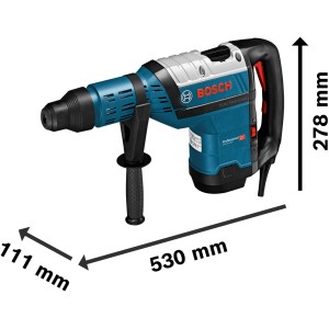 Bosch Professional Bohrhammer GBH 8-45 D im Handwerkerkoffer, blau/grau, mit Abmessungen.