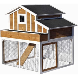 Hühnerstall XL mit Freigehege, Holz, wetterfest, mit Blumenkasten und Rampe.