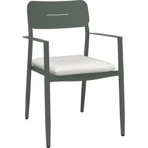Stuhl der Esstischgruppe Claremont: Stahlgestell in Grün-Grau mit cremeweißem Polyester-Sitzkissen.