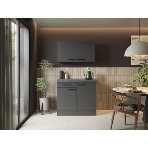 Grauer Respekta Buffetschrank Oliver Set mit Granit Optik Arbeitsplatte und Oberschrank in moderner Küche.