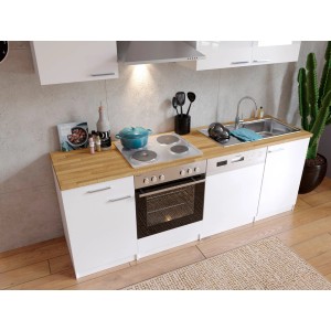 Respekta Küchenzeile KB220WW, 220 cm, Weiß, mit E-Geräten: Herd, Spüle, Geschirrspüler. Komplett für die Küche.