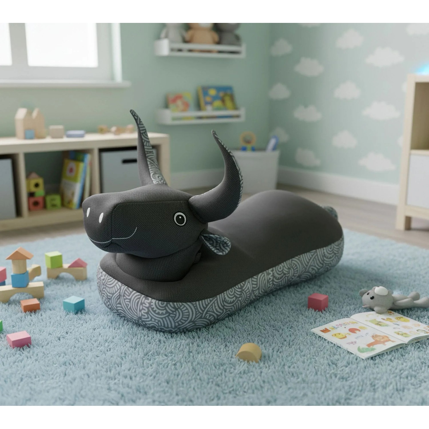 Schwarzer Westmann Sitzsack Stier, ein Schwimmtier Pool Buddy für Kinderzimmer und Garten.