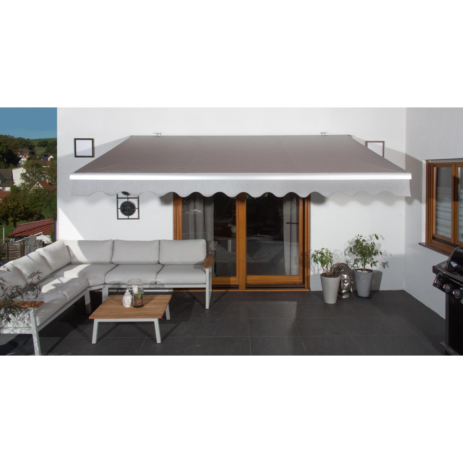 Wismar Gelenkarmmarkise, silbernes Gestell, hellgrauer Stoff, 300x200 cm, mit Kurbelbedienung.