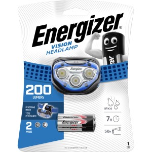 Energizer Vision Kopflampe mit 3xAAA Batterien, blaue Akzente, 200 Lumen, für Camping & Outdoor.