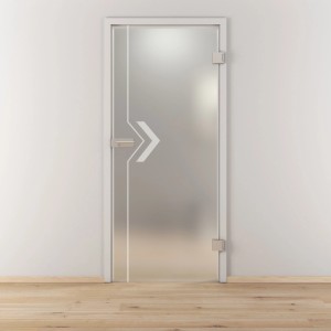 Moderne Novadoors Glasdrehtür Nova 599_2 aus mattem ESG-Sicherheitsglas mit Pfeil-Lasergravur.