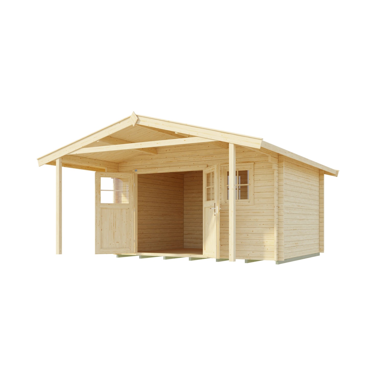 Unbehandeltes Weka Holz-Gartenhaus mit Satteldach und überdachter Fläche. Ideal als Gerätehaus oder Freizeithaus.