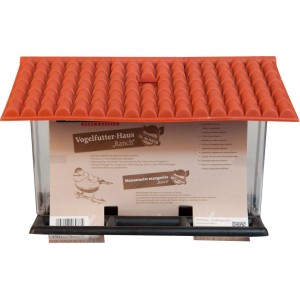 Vogelfuttersilo Ranch aus Kunststoff mit rotem Dach, zur Hänge- oder Standmontage.