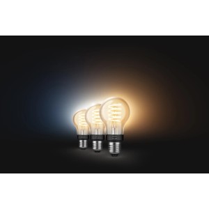 3er-Pack Philips Hue E27 LED-Lampen in Glühlampenform, 7W, warmweiß bis neutralweiß.
