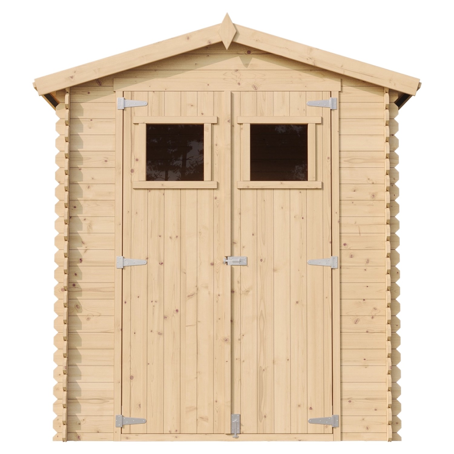 Timbela Holz-Gartenhaus M320, beige-braun, mit Doppeltür und Fenster.