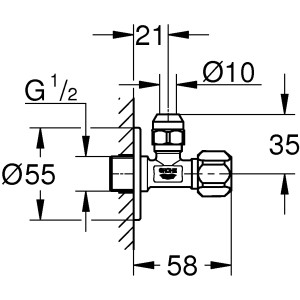 Technische Zeichnung: Grohe Eckventil Chrom 1/2 x 3/8 mit Maßangaben.