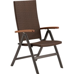 Brauner Klappsessel Davenport II mit verstellbarer Rückenlehne und Holzarmlehnen.