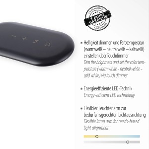 Detailaufnahme der schwarzen Just Light Schreibtischleuchte Kelly mit Touchdimmer zur Einstellung von Helligkeit und Farbtemperatur.