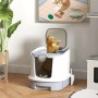 PawHut Katzenklo geschlossen, weiß-grau, mit Katze beim Ausstieg oben. Kunststoff für Privatsphäre & einfache Reinigung.