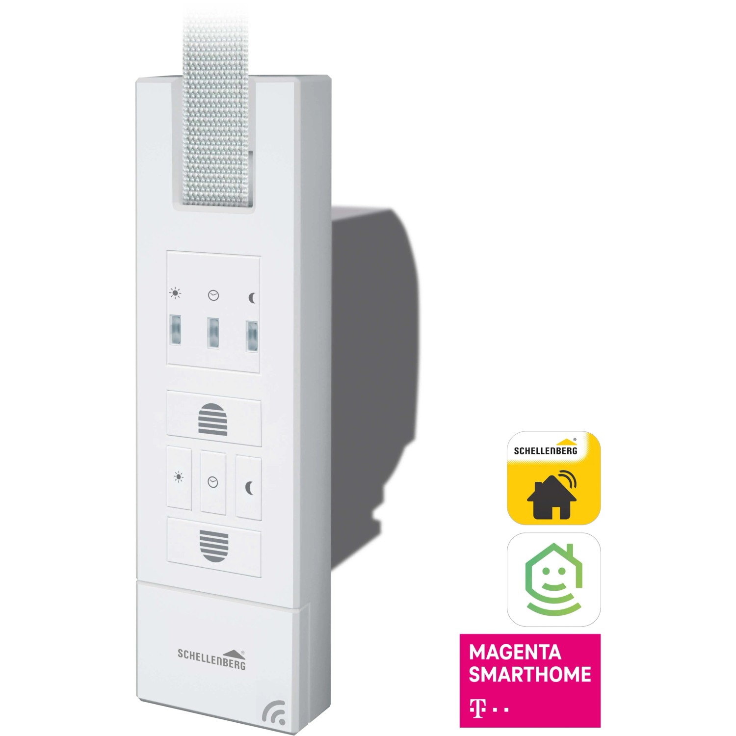 Schellenberg RolloDrive 65 Premium Rollladenantrieb mit Bedienelementen und Smart Home Logos.