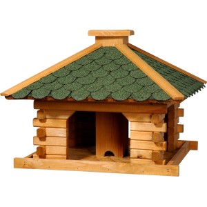 Rustikales XL-Vogelfutterhaus im Blockhaus-Stil mit grünem Dach. Viereckige Futterstelle aus Kiefernholz.