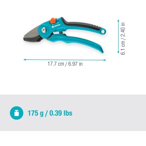 Gardena Gartenschere A/S, Amboss-Schere mit blau-schwarzem Griff und Maßangaben.