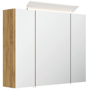 Spiegelschrank 80 cm mit 3 Spiegeltüren, aufgesetzter LED-Lampe und Korpus in Eiche Gold Optik.