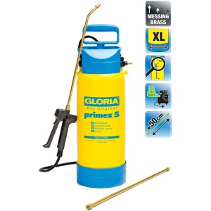 Gloria Drucksprühgerät Primex 5: Gelb-blaues Sprühgerät mit Messing-Sprühlanze und Verlängerungslanze.