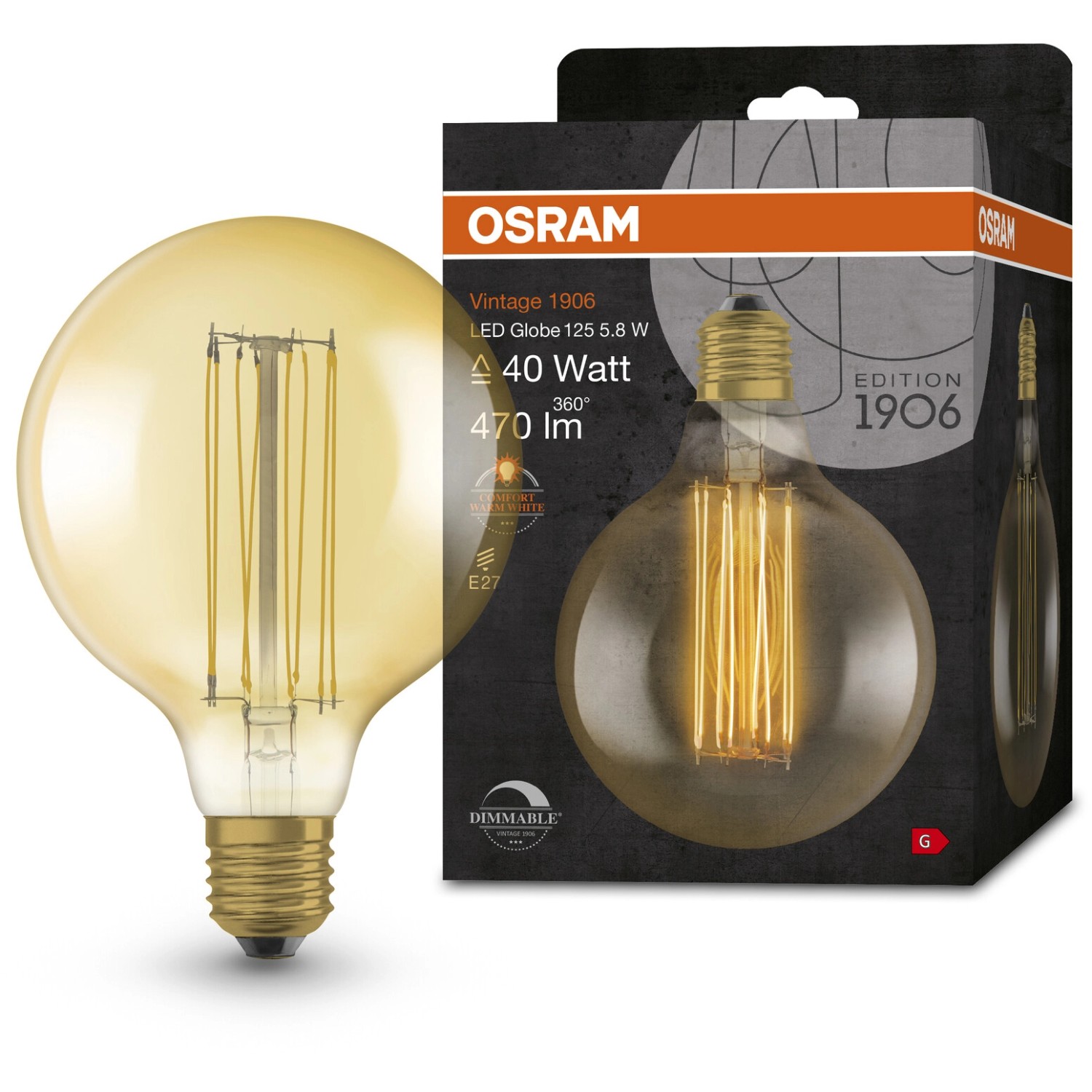 Osram LED-Leuchtmittel E27 Globe, 5,8W, goldgetönt, mit Verpackung.