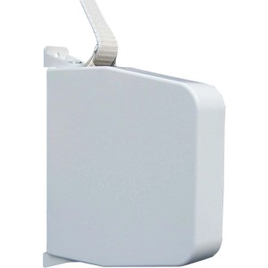 Weißer Schellenberg Aufschraubwickler Maxi mit beigem Rollladengurt, schwenkbar.