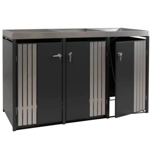 Anthrazitfarbene 3er-Mülltonnenbox mit Edelstahl-Pflanzkasten, abschließbar, 125x196x84cm.
