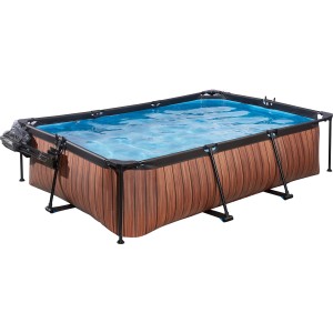 Rechteckiger EXIT Wood Pool in Braun mit Filterpumpe und Abdeckung, ideal für den Garten.