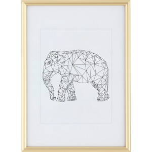 Goldener Kunststoff Bilderrahmen (21x29,7 cm) mit Passepartout und geometrischem Elefantenmotiv.