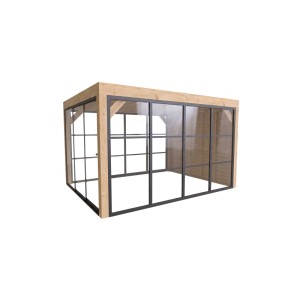 weka Gartenlaube Lumley: Moderne Terrassenüberdachung aus Fichte mit Flachdach, Glasschiebetür, Glas- und Holzwand.