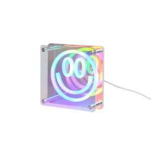 Quadratische LED-Tischleuchte mit Smiley-Motiv und RGB-Farbwechsel, weiß-transparent.