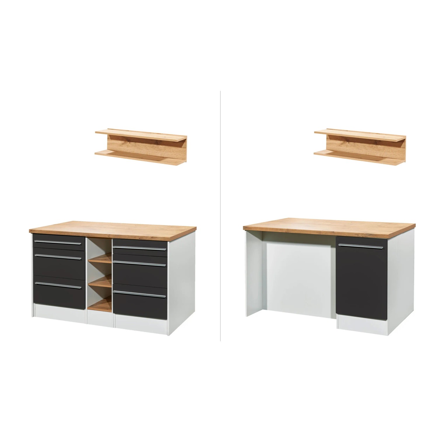 Respekta Kücheninsel Gabriel, 150 cm, grau hochglanz, mit Arbeitsplatte und Hängeregal.