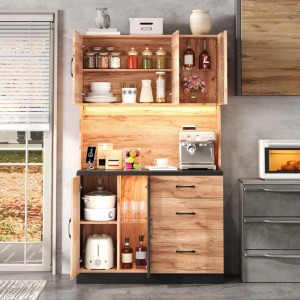 okwish Küchenhochschrank mit LED Beleuchtung Verstellbare Einlegeböden 105x40x180cm Natur Schwarz