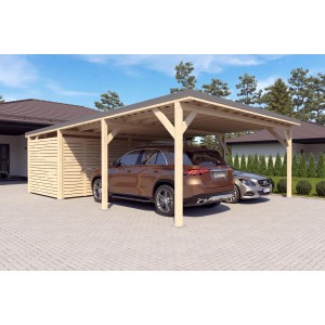 Holzbrüder Doppelcarport Ralf mit Geräteraum, naturbelassen, mit zwei parkenden Autos.