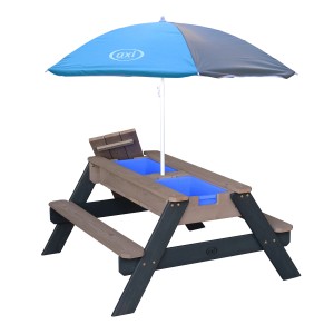 Axi Sand- und Wasser-Picknicktisch Nick grau-blau mit Sonnenschirm.
