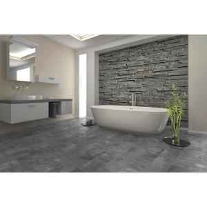 Badezimmer mit Classen Ceramin Fliese Neo Vario Repello in dunkler Steinoptik als Bodenfliese.