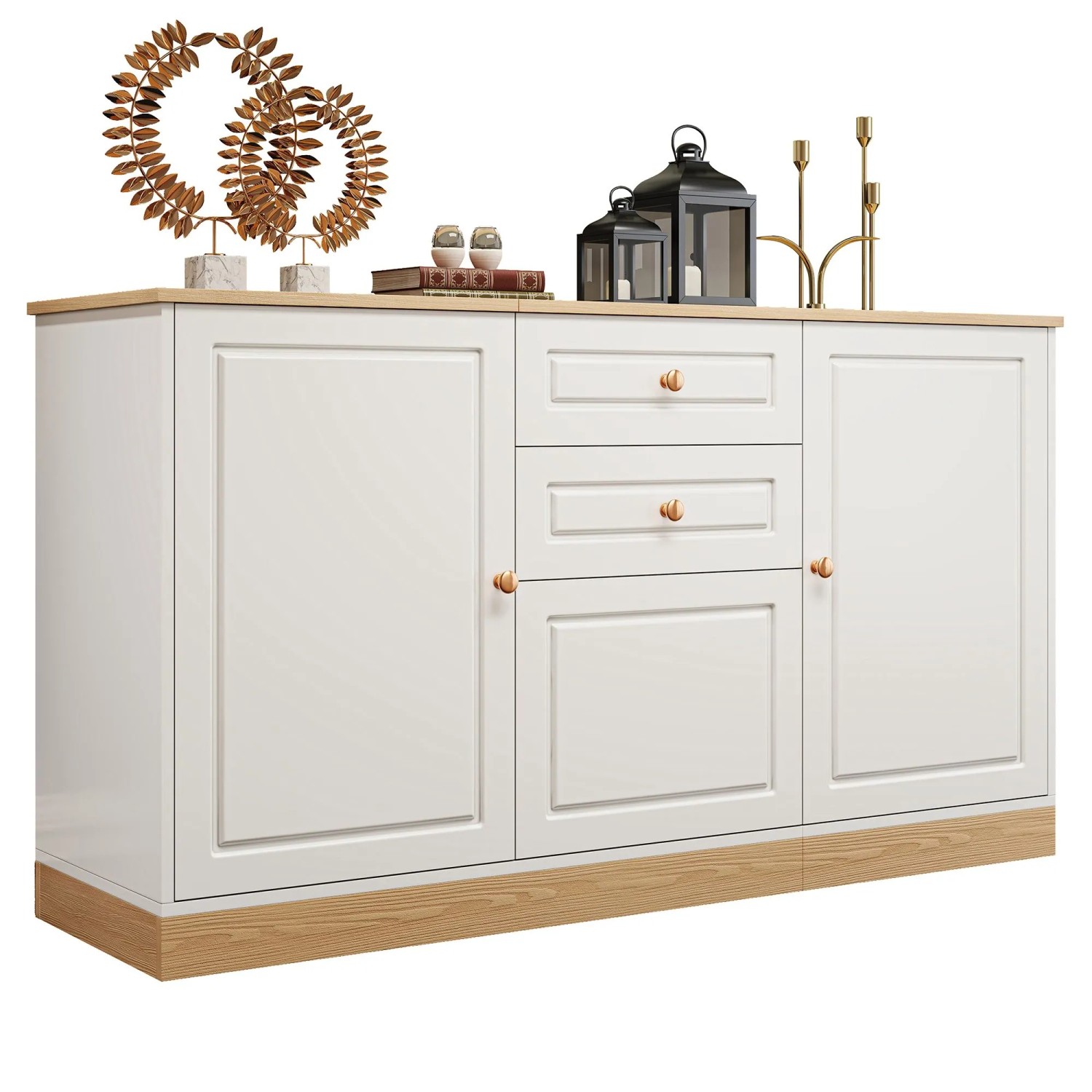 okwish Sideboard mit 3 Türen Doppelschubladen Wohnzimmer 135.5x76x39cm Weiß_9