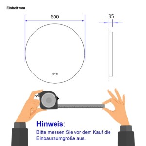 Maßzeichnung: Runder Emke LED-Badezimmerspiegel, 60cm Durchmesser, 35mm Tiefe. Inkl. Messhinweis.