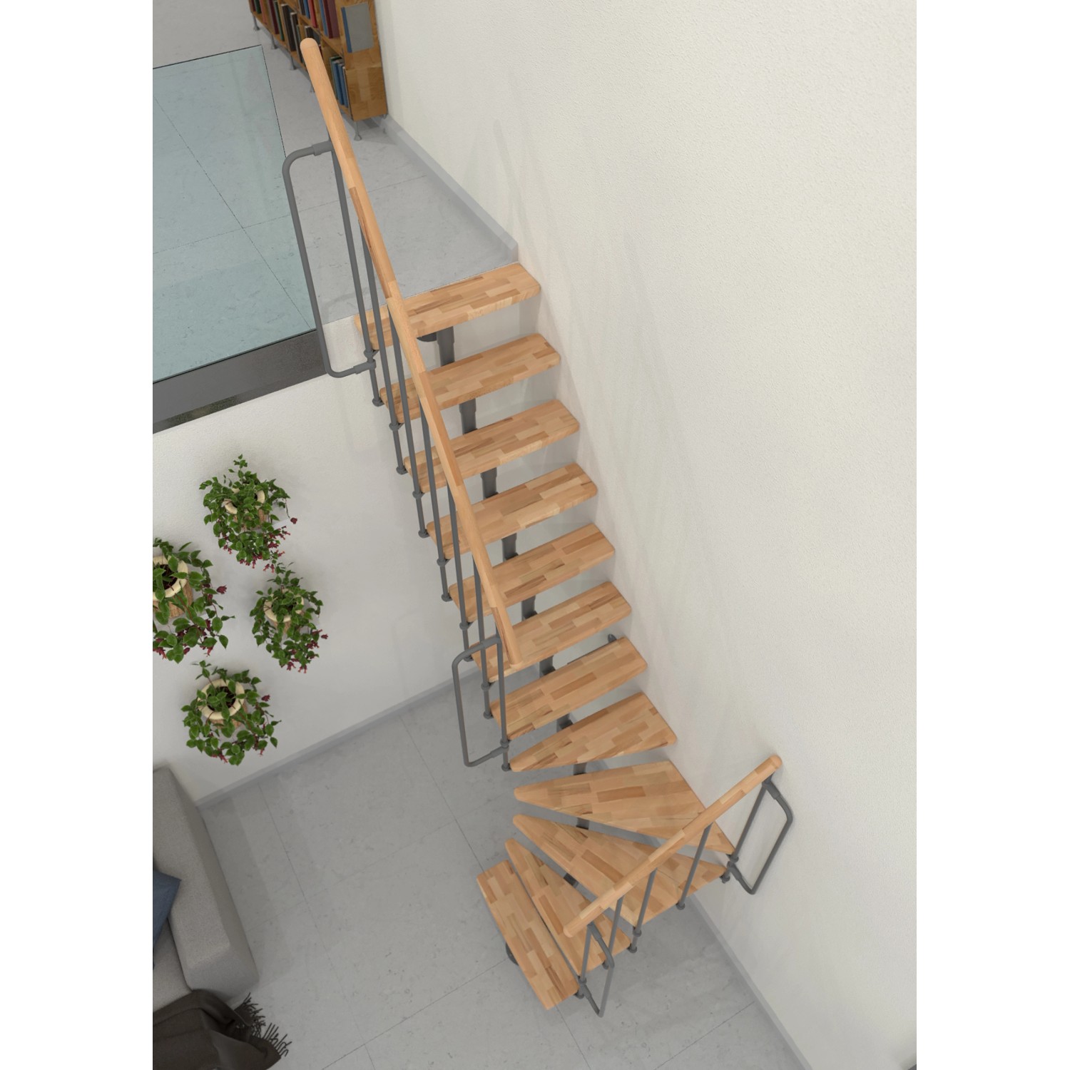 Minka Raumspartreppe Joker Turn, grau-buche hell, 90° Wendelung, von oben.