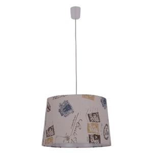 Näve Pendelleuchte Print Textil mit braunem Schirm und Briefmarken-Motiv.