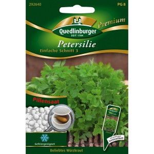 Quedlinburger Petersilie Einfache Schnitt 3 Pillensaat Packung mit grünen Petersilienblättern.