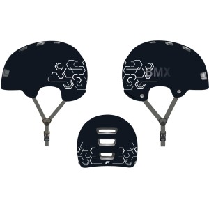 Fischer BMX Jump Fahrradhelm, Größe S/M, schwarz mit geometrischem Muster und LED-Rücklicht.