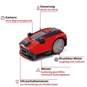 Einhell Freelexo Cam 500 Mähroboter in Rot mit Kamera und Ultraschallsensoren.