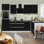 Moderne Respekta Winkelküche in Schwarz Hochglanz und Weiß mit Elektrogeräten und Arbeitsplatte in Granit-Optik.