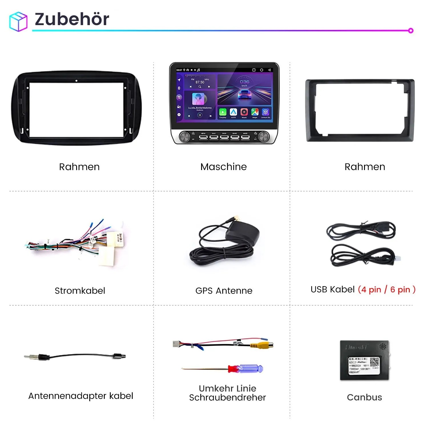 Zubehör für Junsun 10 Zoll Autoradio: Rahmen, Radio, Strom-, USB-Kabel, GPS Antenne, Canbus. Für Smart Fortwo.