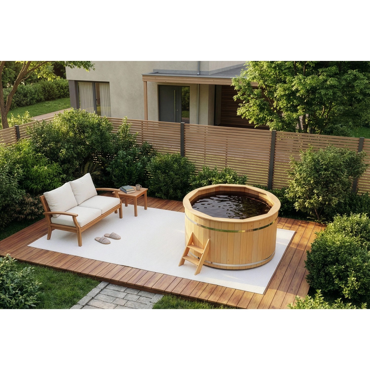 Finntherm Holz-Badefass Bergen (Ø 180 cm) im Garten mit Leiter und Sitzgruppe.