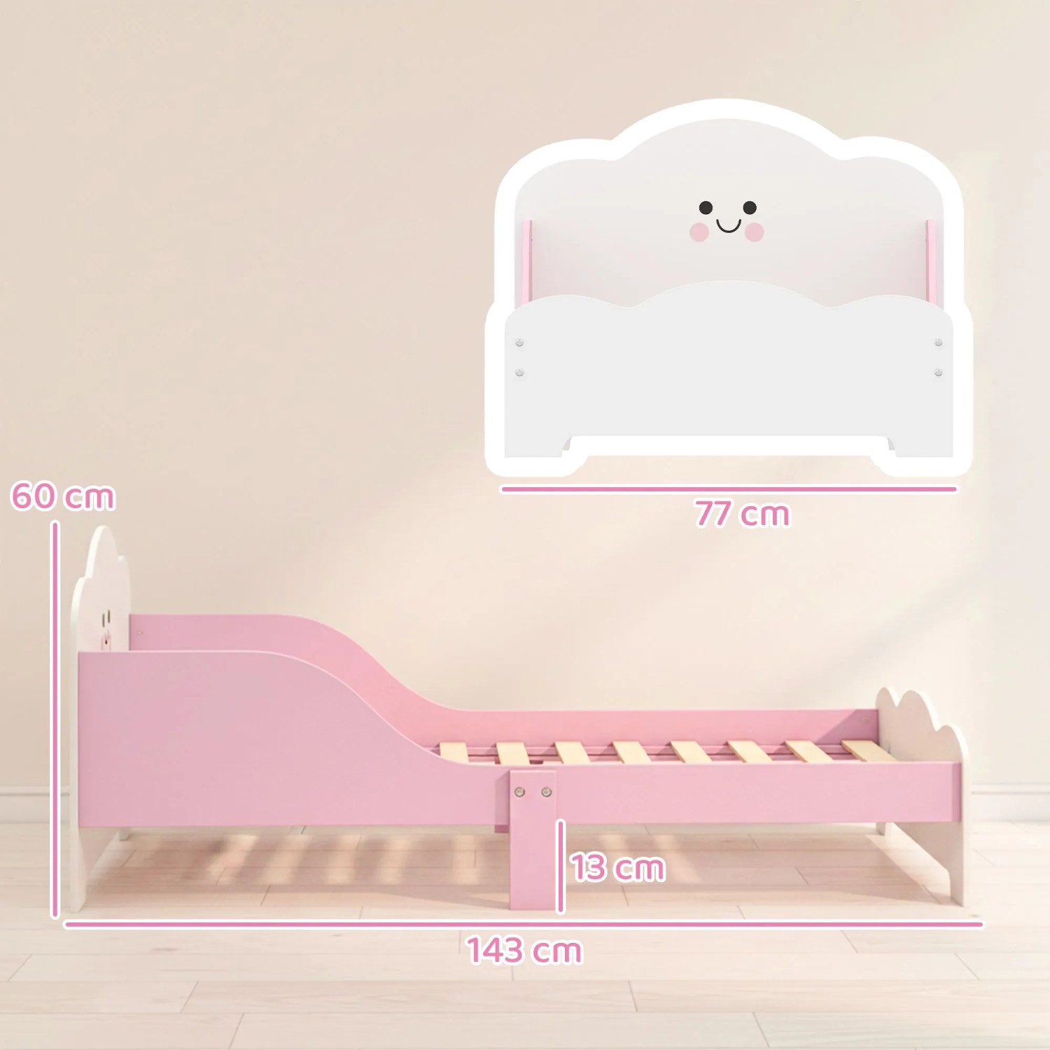 Rosa Kinderbett aus MDF mit lächelndem Wolken-Kopfteil und niedriger Bauweise. Maße: 143x77x60 cm.