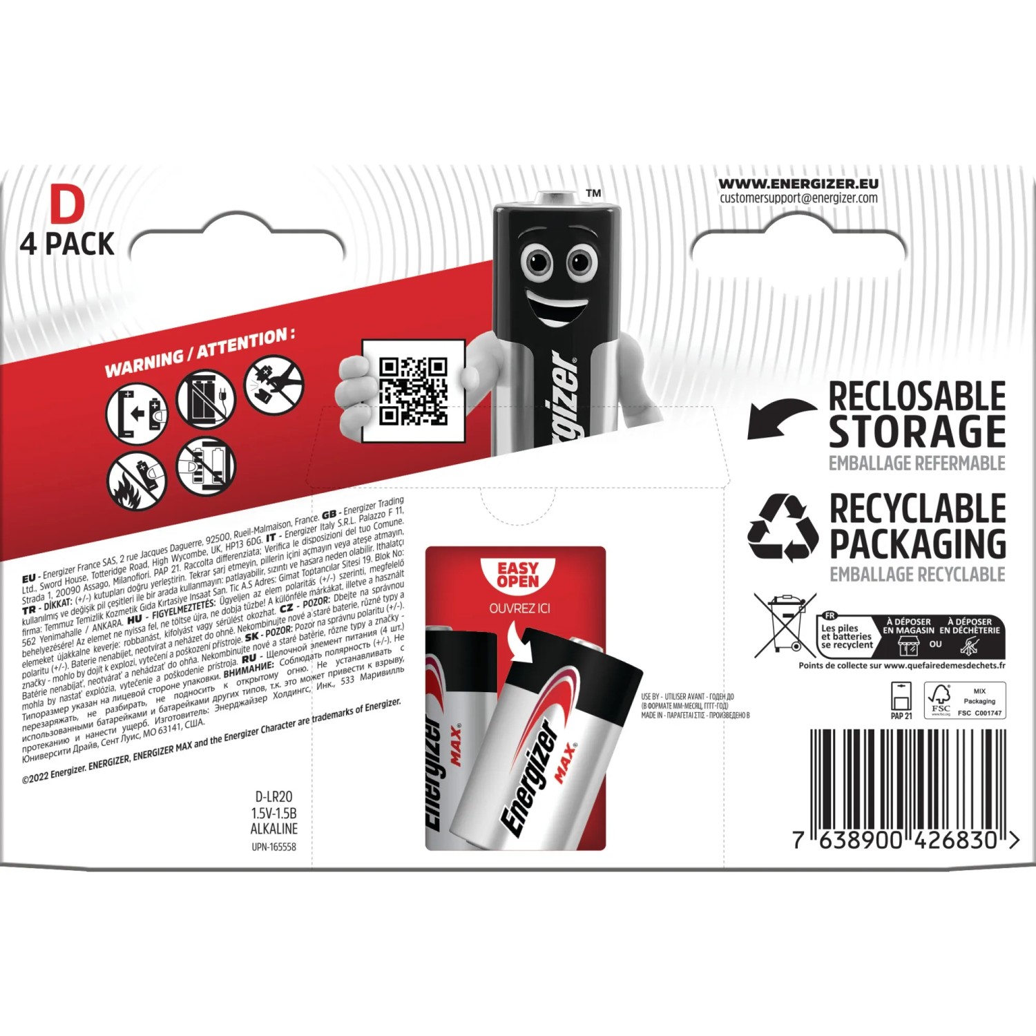 Energizer Max D Mono Alkaline Batterien, 4er-Pack. Zuverlässige Energie für Geräte des täglichen Bedarfs.